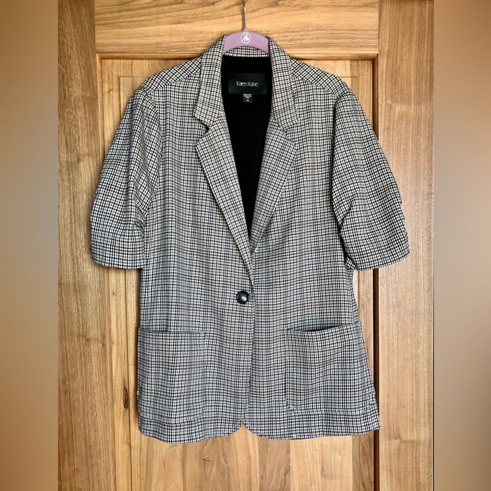 EUC KAREN KANE Ruched Sleeve Houndstooth Plaid Blazer W/ Stretch M Cream/Multi